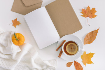Blank open sketchbook, cup of tea, decorative pumpkins, yellow leaves on home office desk. Autumn education background. 