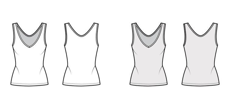 Cotton-jersey tank technical fashion illustration with fitted body, deep V-neckline, elongated hem. Flat outwear apparel template front, back, white grey color. Women, men unisex shirt top CAD mockup 