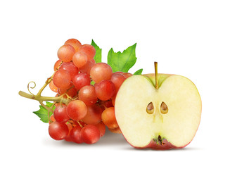 a bunch of grapes and half a ripe red apple on a white background