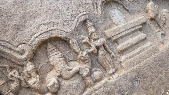 Hindu deities carved into boulders in Hampi village, Karnataka state