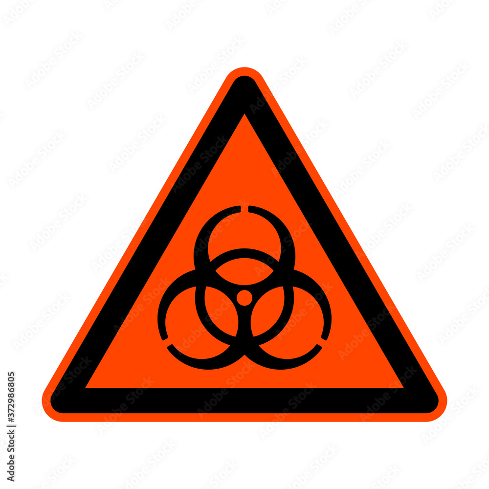 Aufkleber biological hazard or biohazard sign in a triangular frame with a warning orange-red background. vect