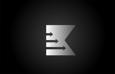 black white grey K letter logo icon with arrows. Alphabet design for business and company