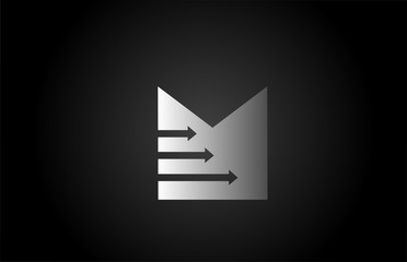 black white grey M letter logo icon with arrows. Alphabet design for business and company