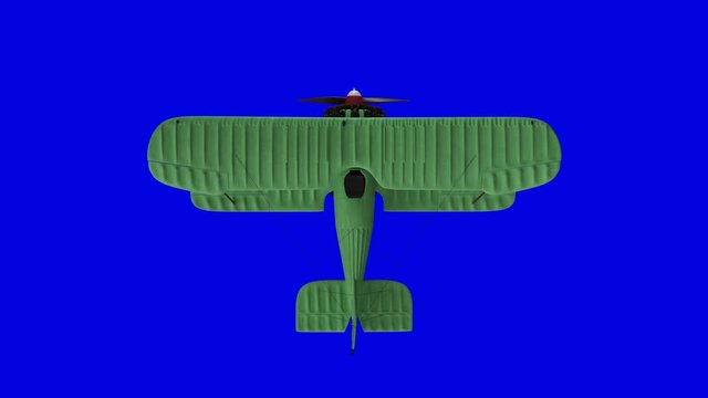 Animated propeller biplane airplane. Top view. Realistic physics animation. Blue screen footage