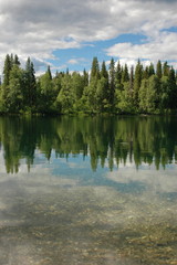 Lake in a coniferous forest. Lake Paraska, Komi Republic, Russia