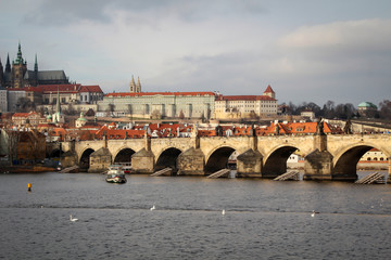Blick auf einen Teil von Prag mit der Karlsbrücke.