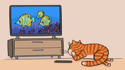 The cat is watching a TV series about the life of fish.