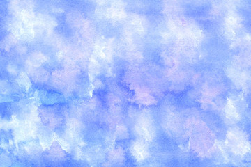 Watercolor sky imitation background. Cloud texture wallpaper. Ink stains in blue tint for print design, backdrop, banner, poster, card, invitation