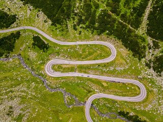 Aerial view of Transfagarasan pass in summer. Crossing Carpathian mountains in Romania, is a spectacular mountain road.