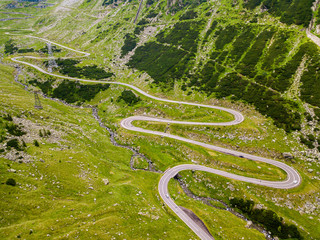 Aerial view of Transfagarasan pass in summer. Crossing Carpathian mountains in Romania, is a spectacular mountain road.