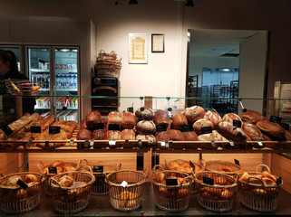 Counter with fresh pastries and bakery products
