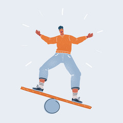 Vector illustration of man balancing on board. Human character on white background.