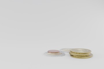 stack of euro coins on white background, cgi render image with copyspace