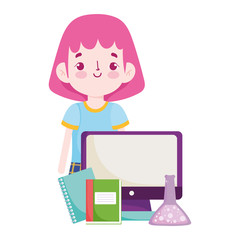 back to school, student girl pc textbooks chemistry flask elementary education cartoon