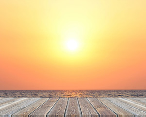 Fototapeta na wymiar empty boardwalk with a sunset on the sea. mockup, scene creator.