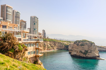 Raouche or pigeons rocks panorama with sea and ciry center in the background, Beirut, Lebanon