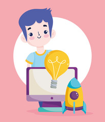 back to school, student boy computer rocket creativity elementary education cartoon