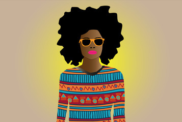 Vector Illustration: Afro woman with typic sweater and sunglasses. Beauty and ethnic afro lady. Fashion and trendy girl with big lips