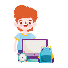 back to school, student boy computer bag and clock elementary education cartoon