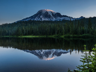 July early morning on the Reflection Lakes in Mount Rainier National Park