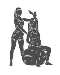 Young pregnant woman doing fitness ball and pilates exercise with coach on a white background. Sitting and relaxing. Active future mother sport lifestyle. Healthy pregnancy concept