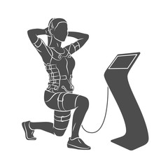 EMS training. Girl doing squats in suit with cables on a white background. Vector illustration - obrazy, fototapety, plakaty