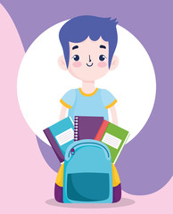 back to school, student boy books inside backpack elementary education cartoon