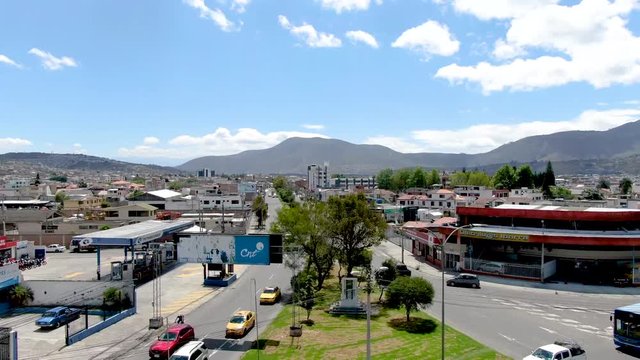 Ibarra, drone view from entrance main to colonial city of northern of Ecuador