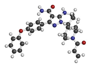 Zanubrutinib cancer drug molecule. 3D rendering. Atoms are represented as spheres with conventional color coding: hydrogen (white), carbon (grey), etc