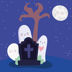 happy halloween, ghosts in tombstone cemetery night trick or treat party celebration