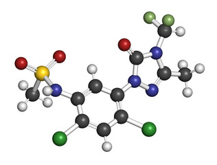 Sulfentrazone herbicide molecule. 3D rendering. Atoms are represented as spheres with conventional color coding: hydrogen (white), carbon (grey), nitrogen (blue), oxygen (red), sulfur (yellow), etc