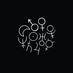 Astrology planet signs symbol. Round composition isolated on black backround. Line icons. Astrolony elements set: Venus, Mercury, Mars, Jupiter, Saturn, Moon, Sun, Uranus, Neptune, Pluto.