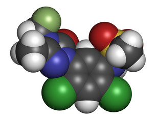 Sulfentrazone herbicide molecule. 3D rendering. Atoms are represented as spheres with conventional color coding: hydrogen (white), carbon (grey), nitrogen (blue), oxygen (red), sulfur (yellow), etc