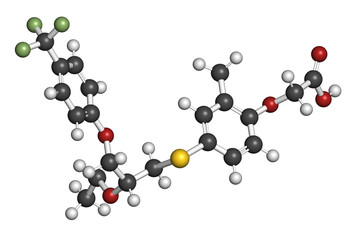 Seladelpar drug molecule. 3D rendering. Atoms are represented as spheres with conventional color coding: hydrogen (white), carbon (grey), nitrogen (blue), oxygen (red), etc