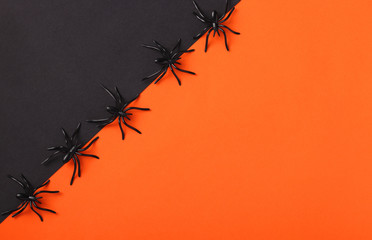 Halloween holiday blank with black spiders, black and orange background. Flat lay, top view. Copy space.