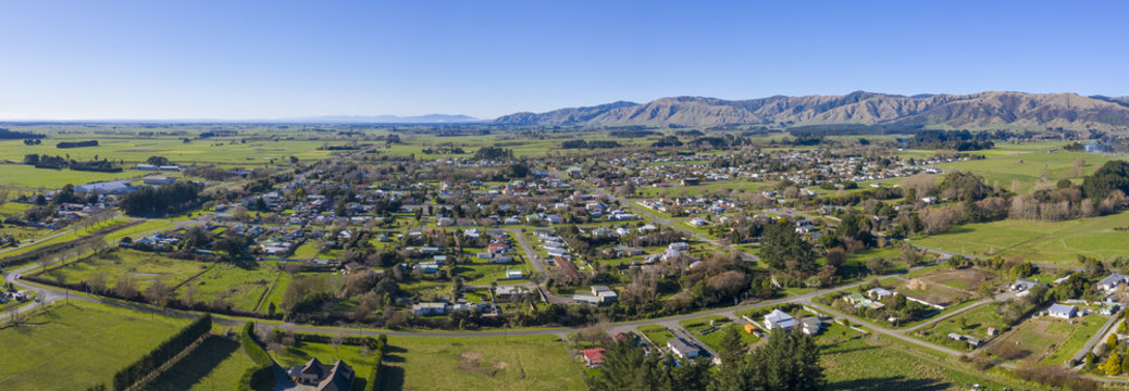 Aerial panoramic shot of the town of Shannon in New Zealand