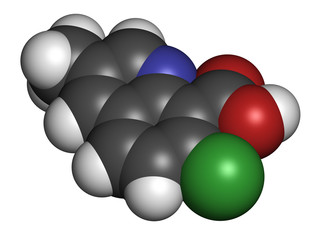 Quinmerac herbicide molecule. 3D rendering. Atoms are represented as spheres with conventional color coding: hydrogen (white), carbon (grey), nitrogen (blue), oxygen (red), chlorine (green).