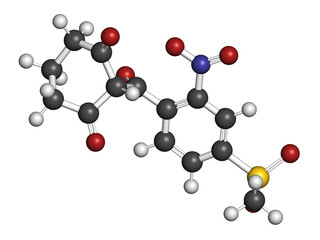 Mesotrione herbicide molecule. 3D rendering. Atoms are represented as spheres with conventional color coding: hydrogen (white), carbon (grey), nitrogen (blue), oxygen (red), sulfur (yellow).