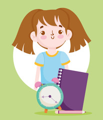 back to school, student girl notebook clock time elementary education cartoon
