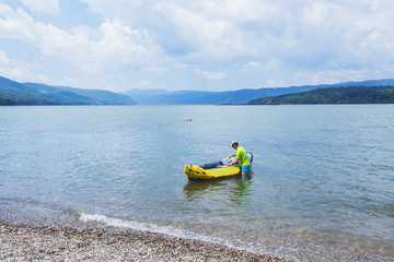 River kayaker man , kayaking on Danube river , Summer Vacation