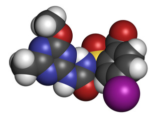 Iodosulfuron herbicide molecule. 3D rendering. Atoms are represented as spheres with conventional color coding: hydrogen (white), carbon (grey), nitrogen (blue), oxygen (red), etc