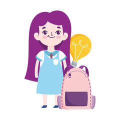 back to school, student girl and backpack elementary education cartoon