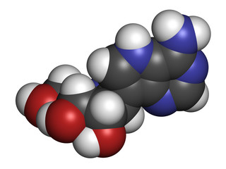 Galidesivir antiviral drug molecule. 3D rendering. Atoms are represented as spheres with conventional color coding: hydrogen (white), carbon (grey), nitrogen (blue), oxygen (red).