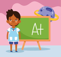back to school, student boy chalkboard planet science elementary education cartoon