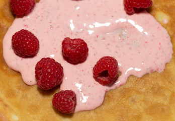 Pancakes with cream and raspberries. Vitamin Dessert.