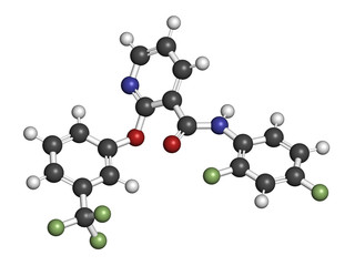 Diflufenican herbicide molecule. 3D rendering. Atoms are represented as spheres with conventional color coding: hydrogen (white), carbon (grey), nitrogen (blue), oxygen (red), fluorine (light green).