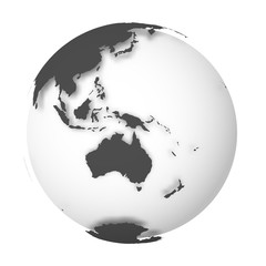 Earth globe. 3D world map with white lands dropping shadows on light grey seas and oceans. Vector illustration