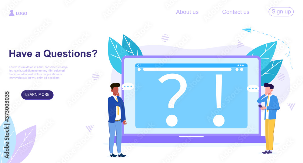 Poster web page template for have a question with question and exclamation marks on a laptop screen and puz