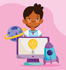 back to school, student boy computer planet rocket elementary education cartoon