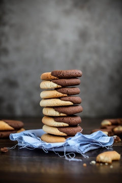 Chocolate chip cookies on the table. Table setting for breakfast. Tea party with sweets. Abbracci. Italian bisquits.